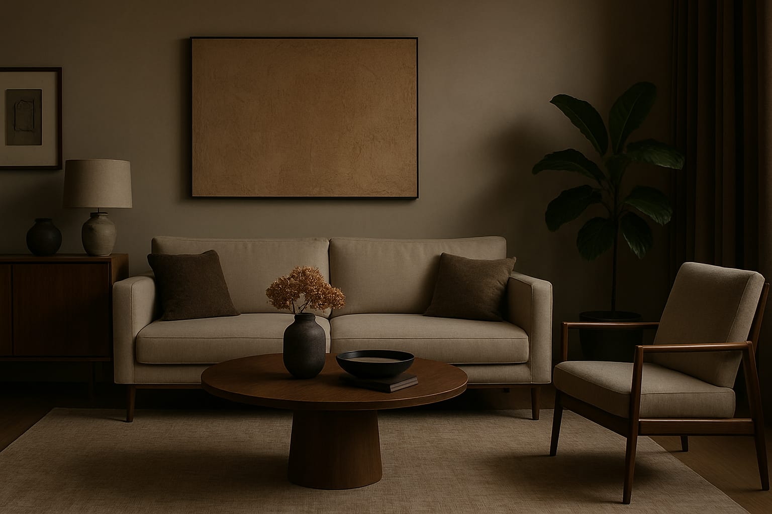 Sala de estar moderna e bem iluminada com móveis planejados e vista para a cozinha