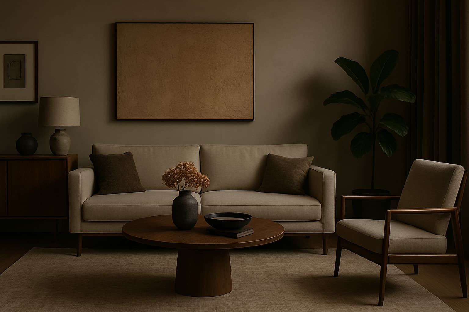 Sala de estar moderna e bem iluminada com móveis planejados e vista para a cozinha