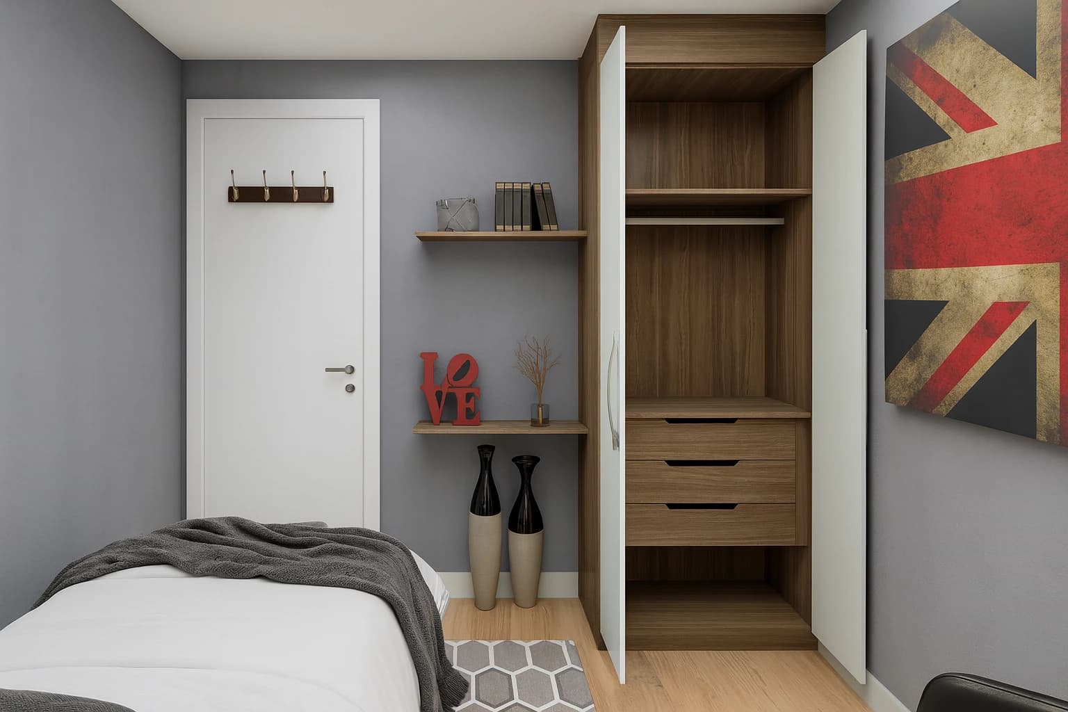 Quarto moderno com roupeiro planejado – compacto, organizado e cheio de estilo