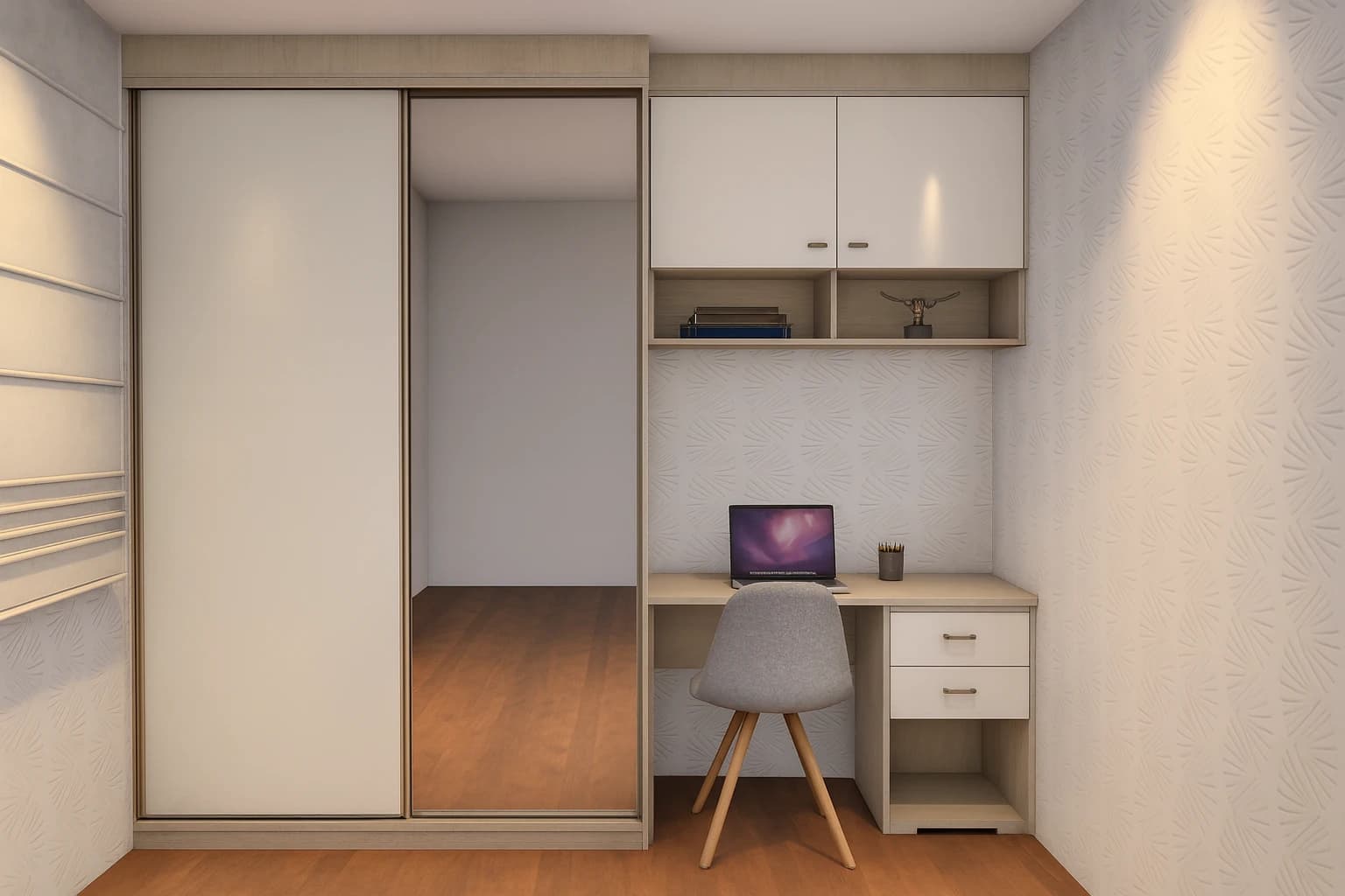 Quarto com home office planejado – leve, funcional e com porta espelhada