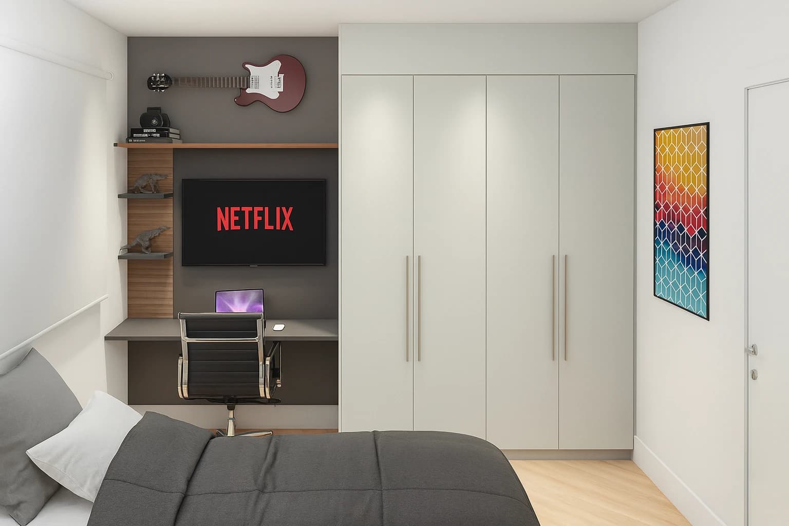 Quarto moderno com roupeiro 4 portas e home office integrado