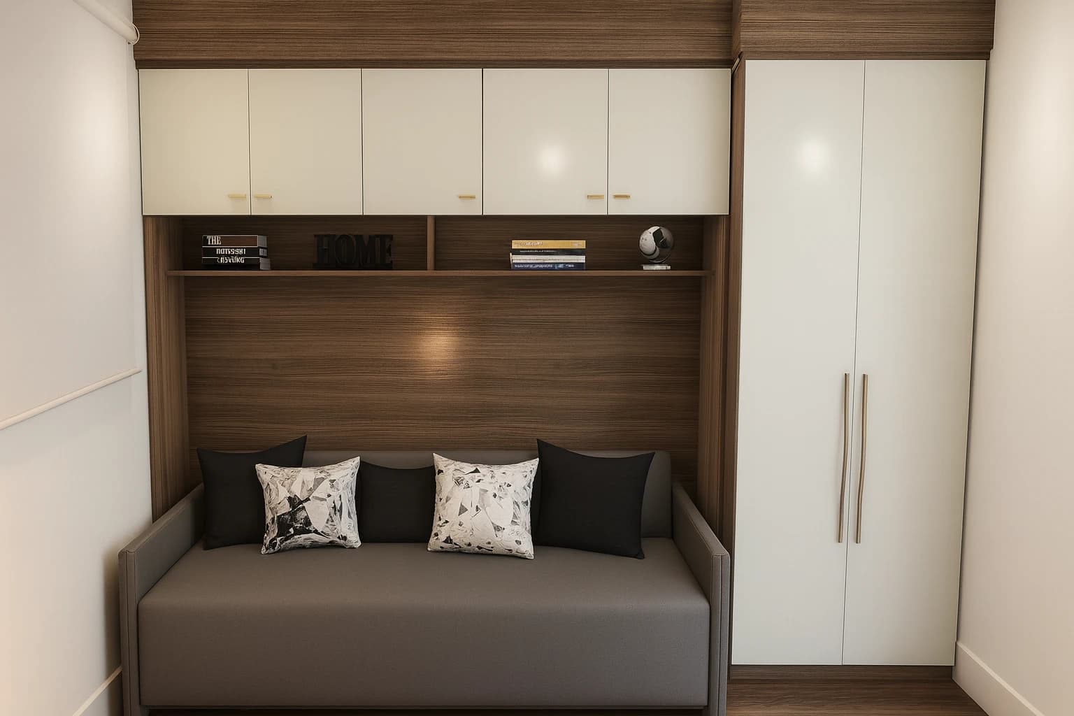 Quarto moderno com roupeiro e armários aéreos integrados