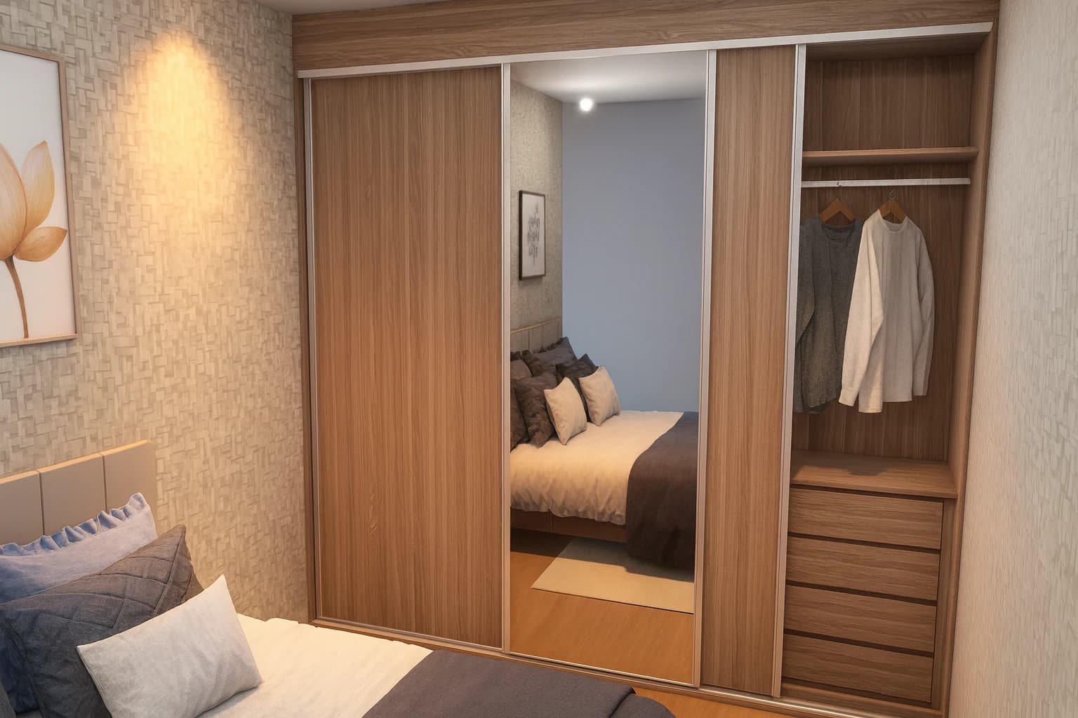 Guarda-roupa com portas de correr e espelho – organização elegante para quartos compactos