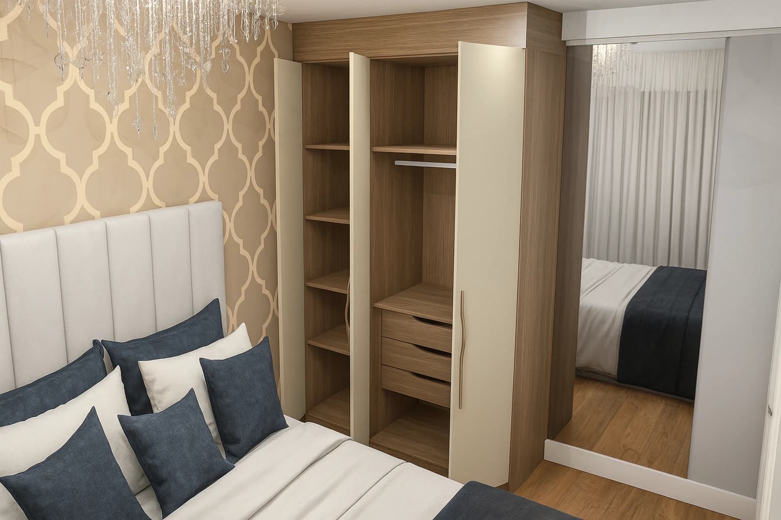 Guarda-roupa planejado com portas off-white e interior amadeirado – elegância que organiza seu quarto