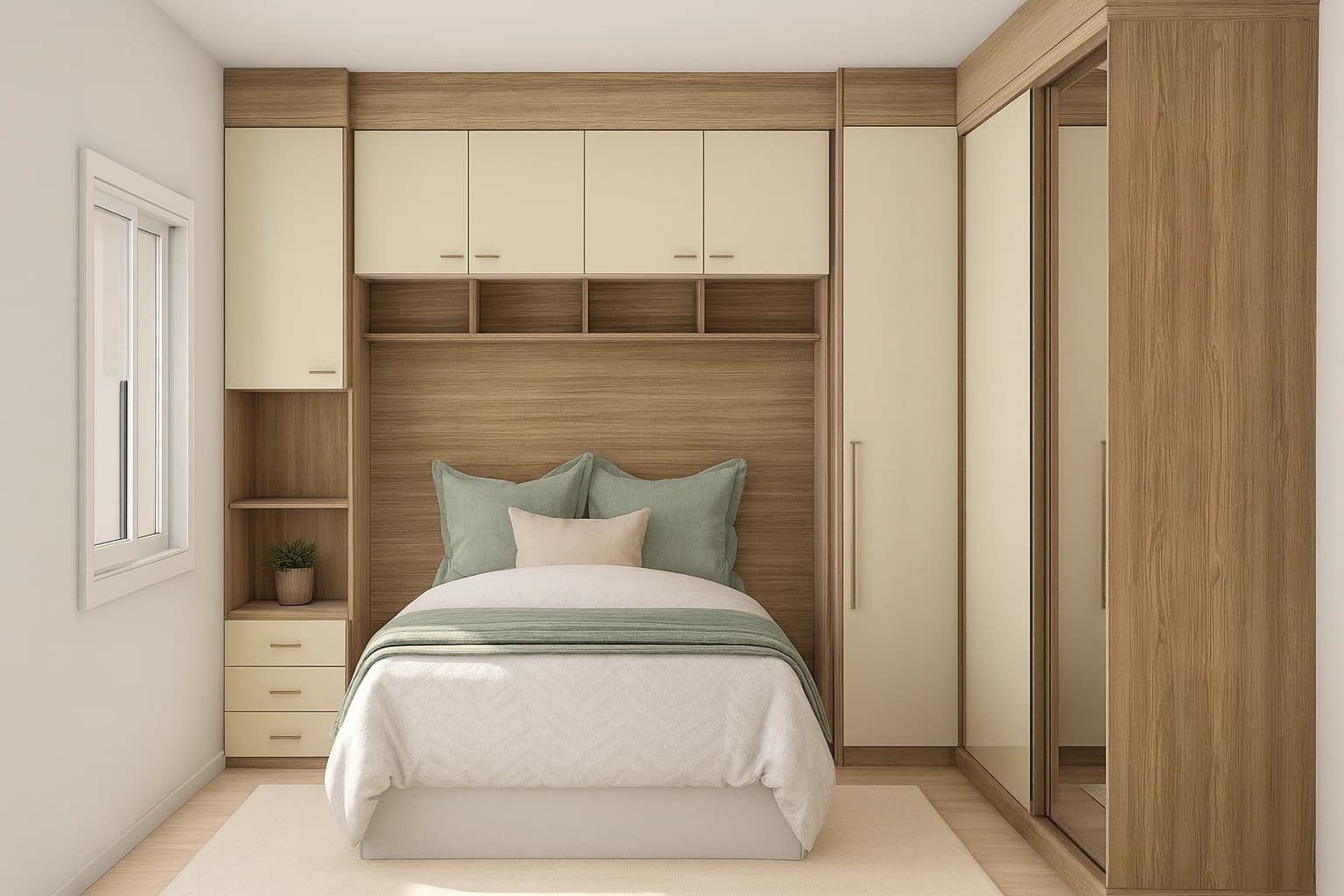 Quarto planejado em L: organização total com design acolhedor