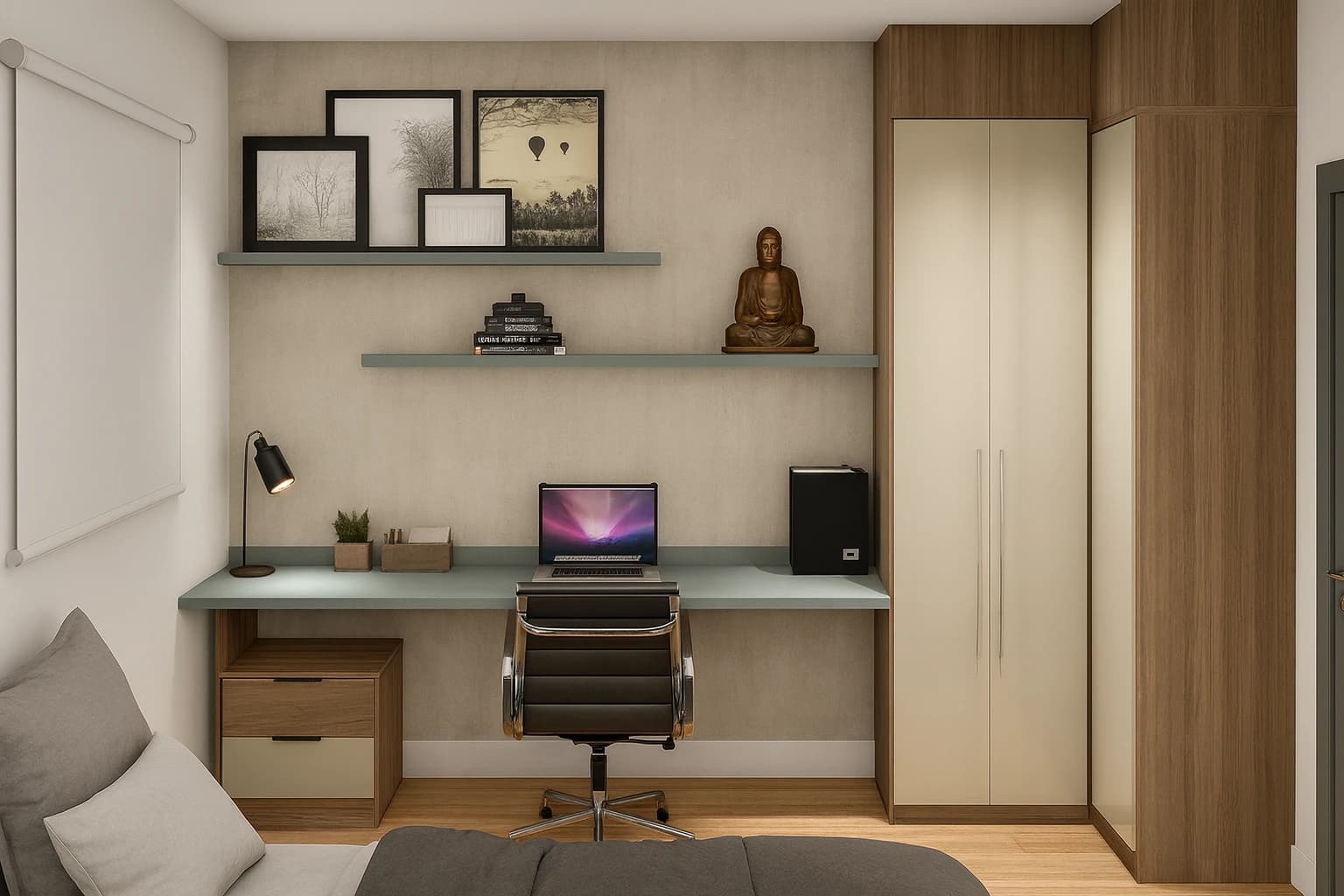 Quarto com home office planejado em L — produtividade e aconchego no mesmo lugar
