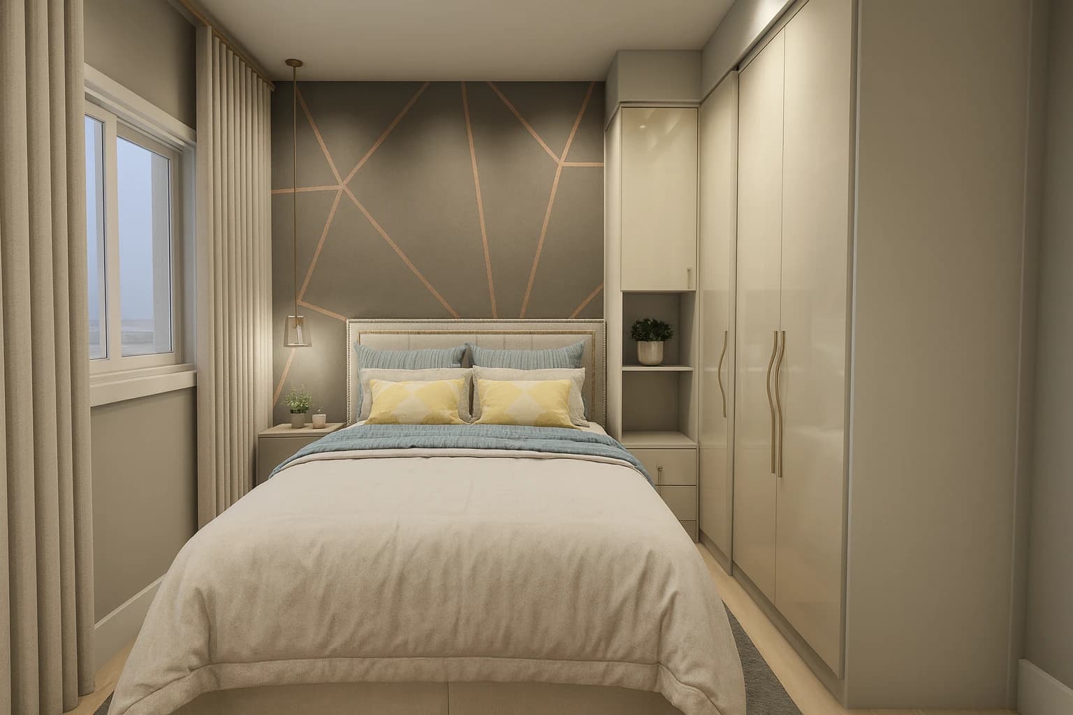 Quarto planejado moderno com roupeiro de alto brilho