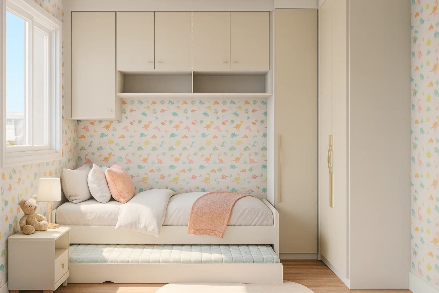 Quarto infantil planejado com roupeiro em “L” e bicama