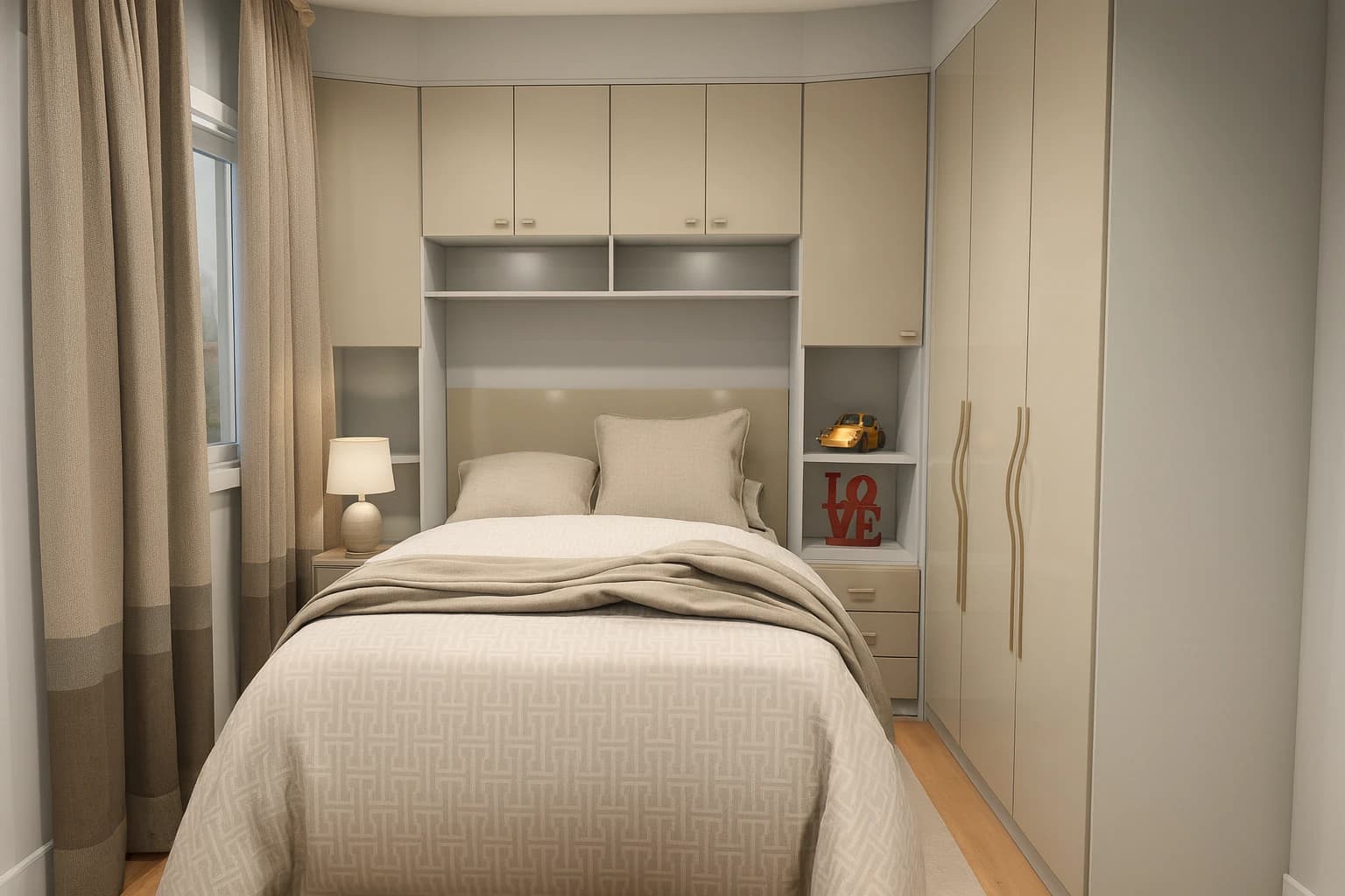 Quarto de casal planejado em “L” – conforto e organização em tons de bege