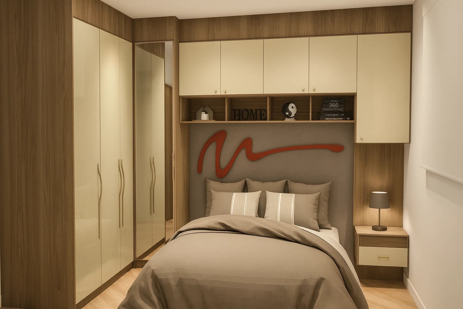 Quarto planejado em “L” – elegância funcional para o dia a dia