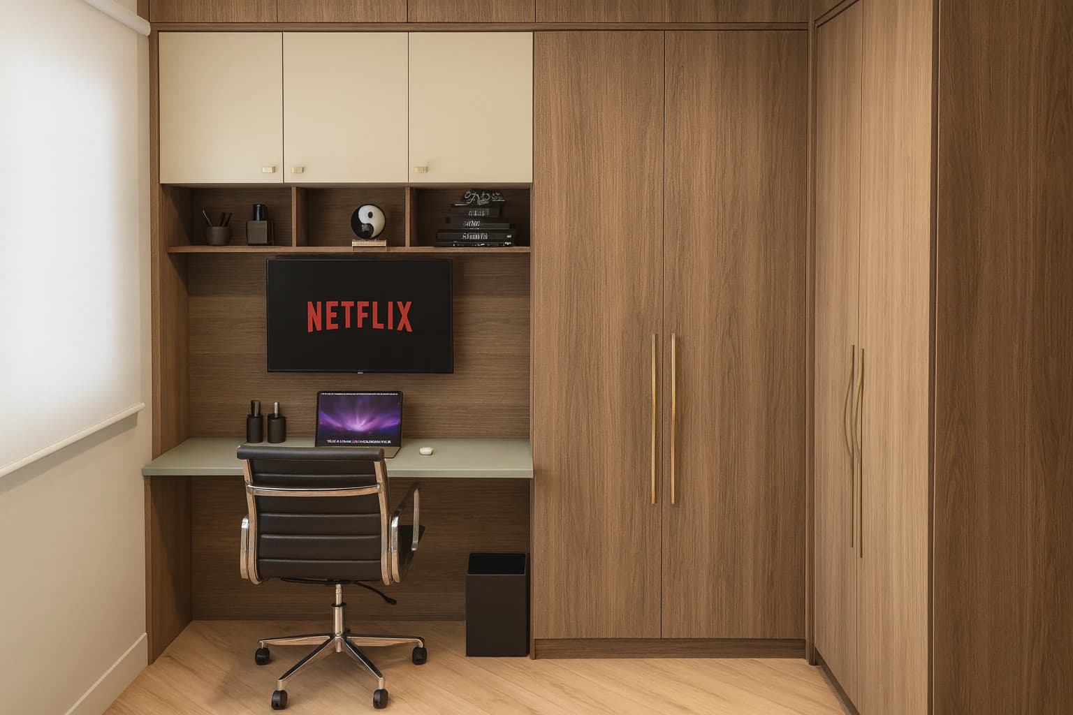 Quarto planejado com home-office e roupeiro em “L”