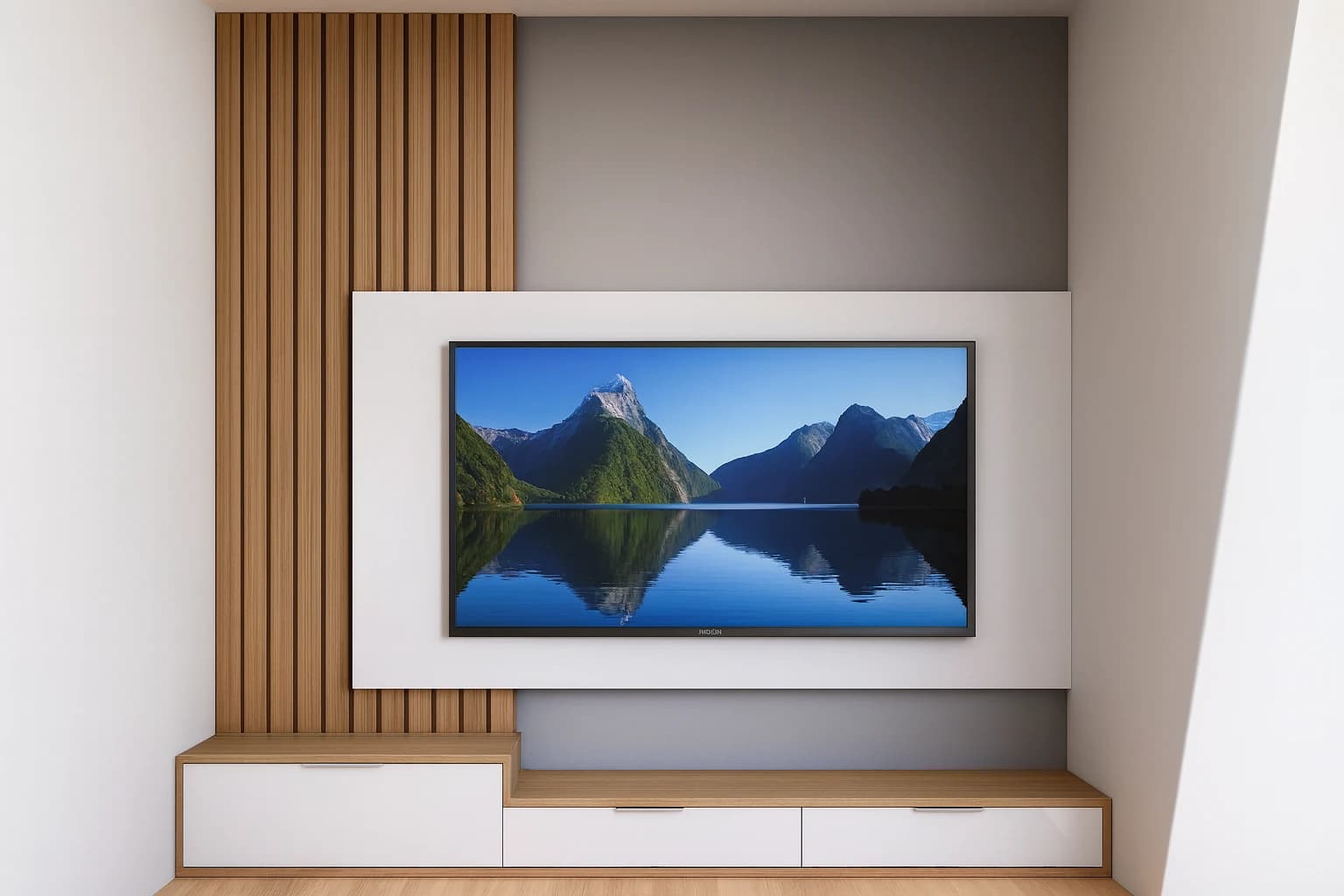 Painel de TV com ripado e bancada em “degrau” – elegância minimalista para a sua sala