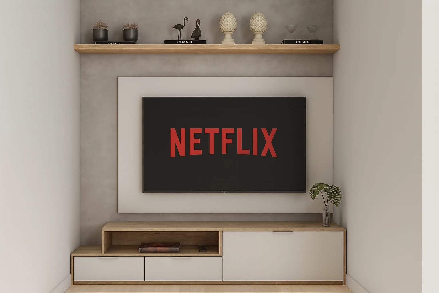 Painel de TV moderno com nicho central e prateleira superior – o ponto focal que sua sala merece