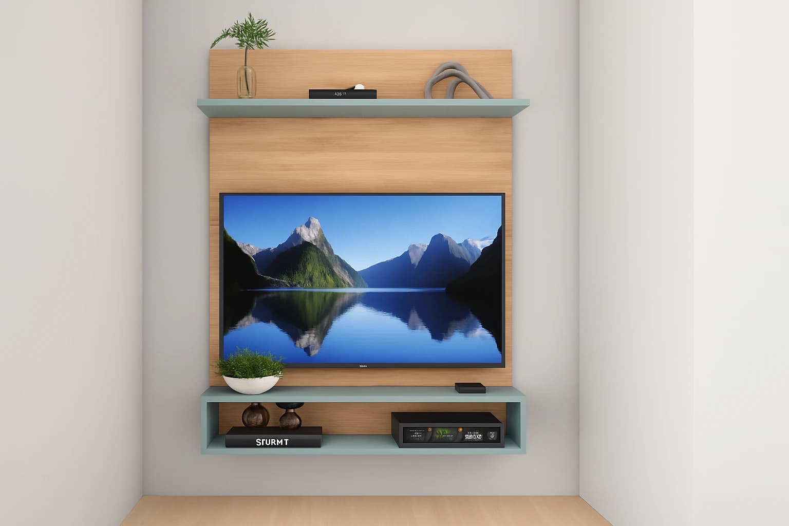 Painel de TV moderno com prateleiras em tom sálvia – leveza, design e praticidade para sua sala.