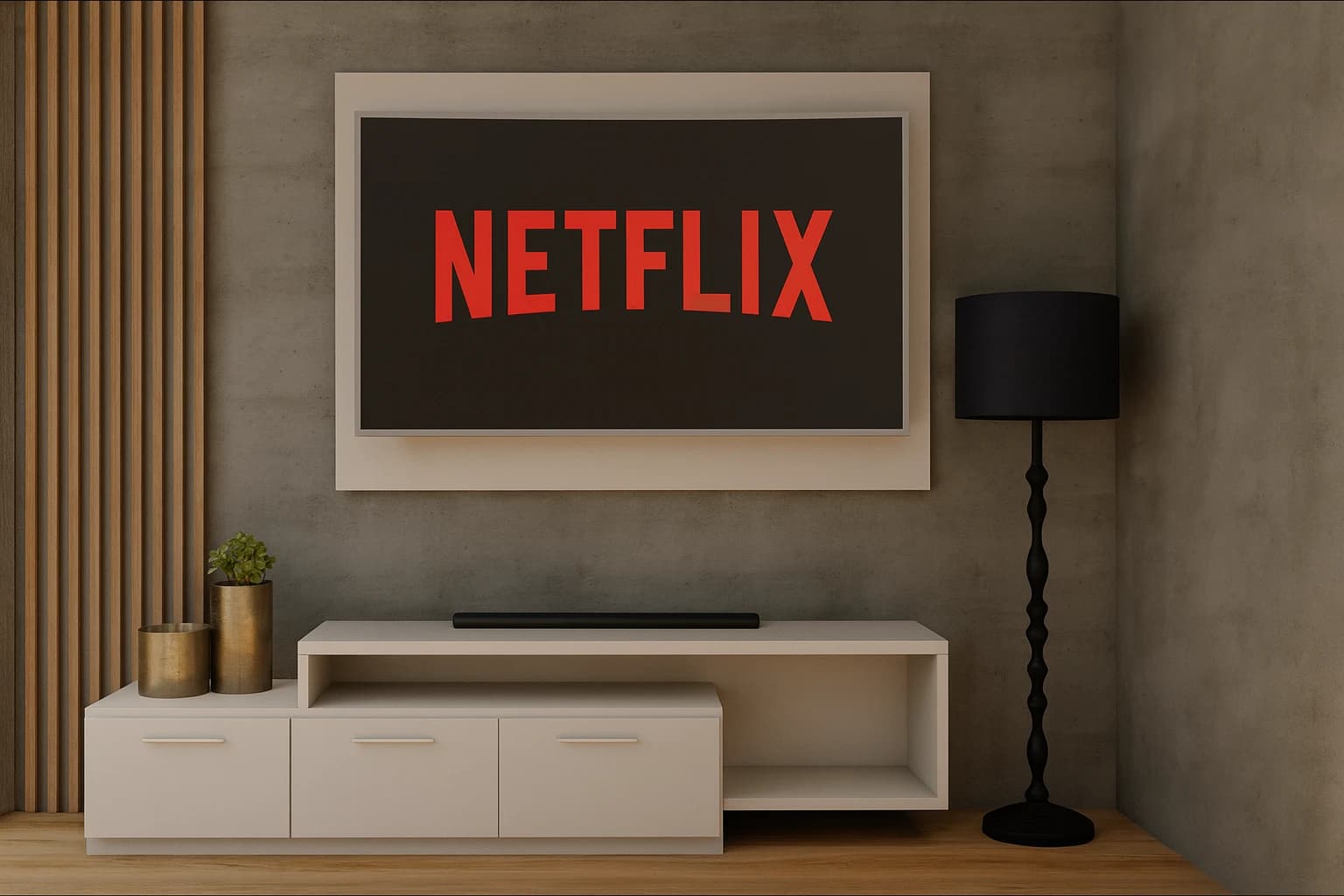 Sala de estar moderna com painel e rack planejados