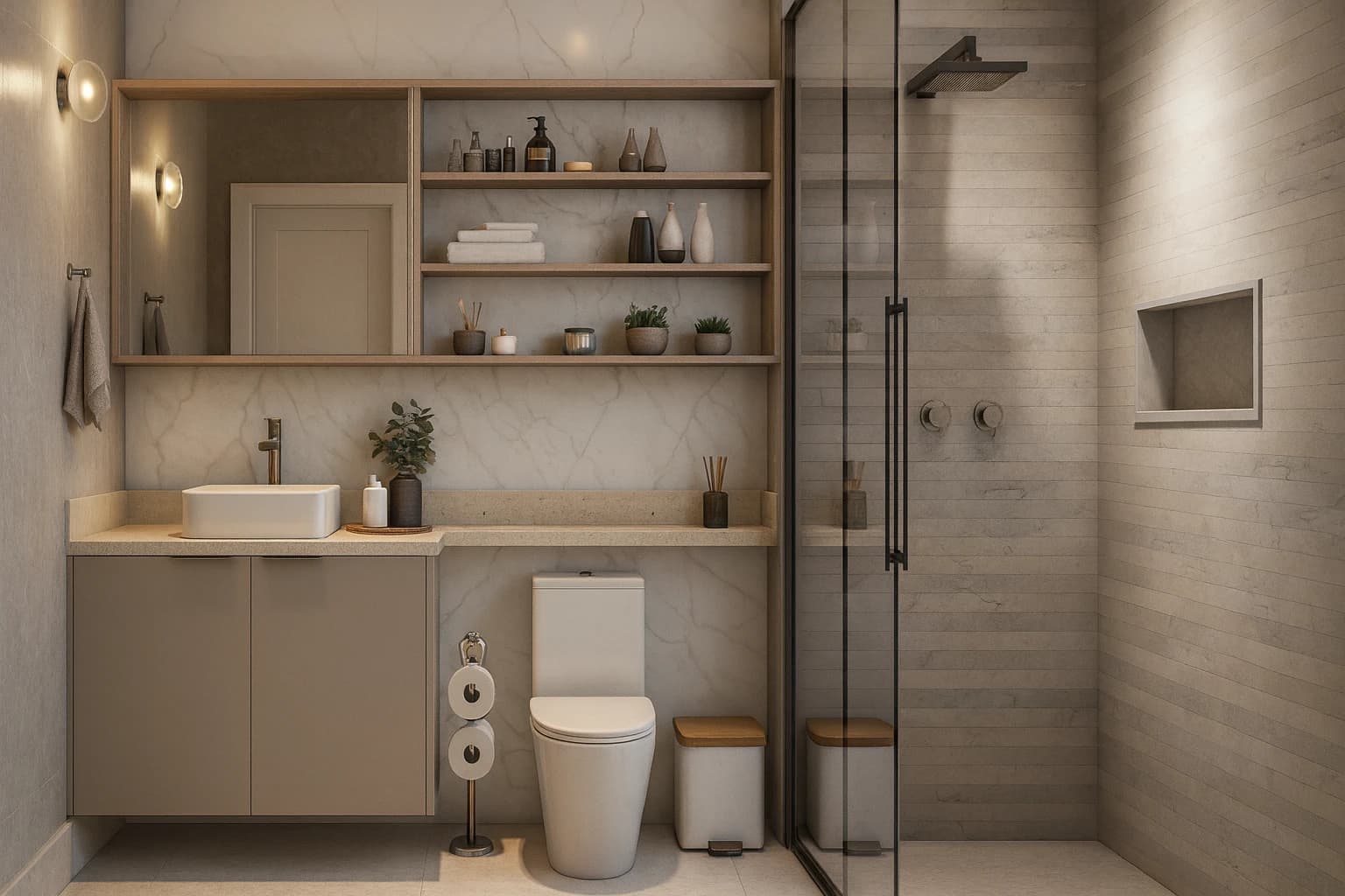 Banheiro Moderno e Funcional: Ambiente com estilo contemporâneo, materiais em pedra e madeira. Cores neutras e iluminação suave, destacando a praticidade e a elegância do projeto.