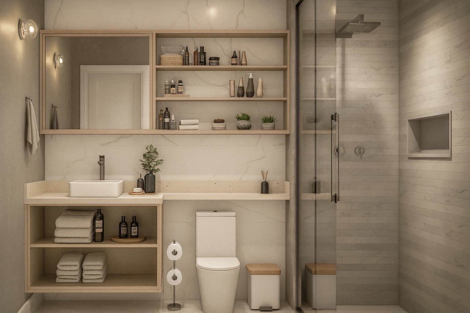 Banheiro Moderno com Toques Naturais: Ambiente clean com revestimentos em tons claros, bancada em pedra e prateleiras de madeira. Funcionalidade e estética se unem em um espaço sofisticado.