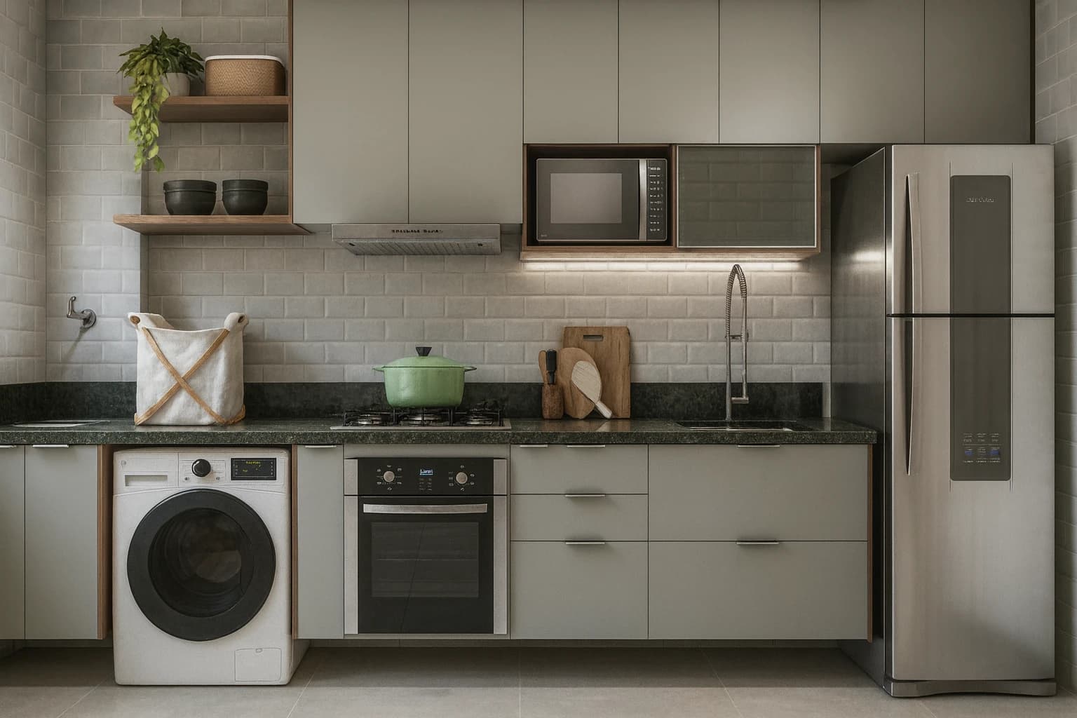 Cozinha Funcional e Moderna: Espaço contemporâneo com armários em tons neutros, bancada de granito escuro e azulejos claros. Equipamentos embutidos e prateleiras de madeira destacam a funcionalidade.