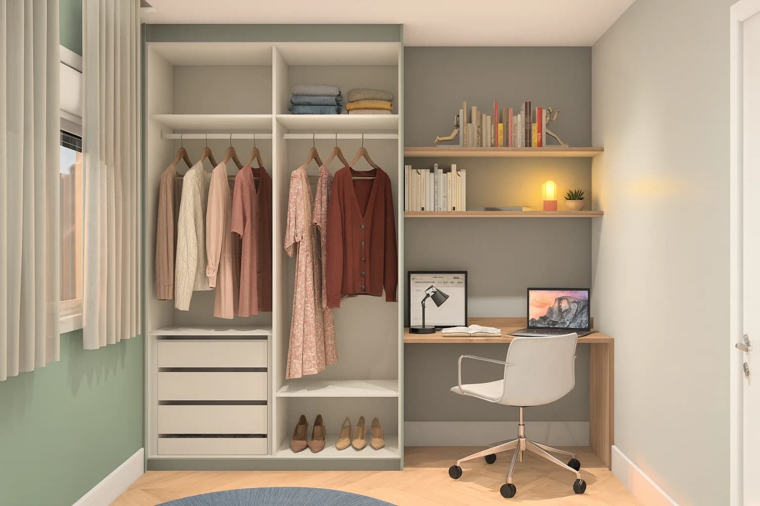 Closet e Escritório Integrados: Ambiente funcional que combina um closet minimalista com um espaço de trabalho. Cores suaves e materiais naturais criam um espaço acolhedor e prático.